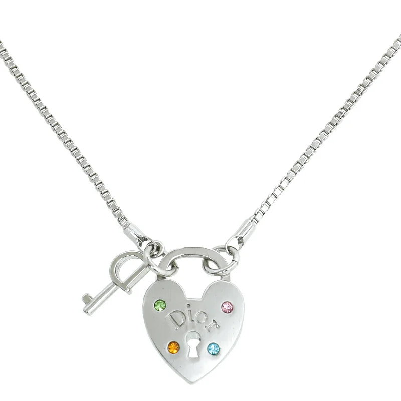 Christian Dior Silver Heart Lock And Key Crystal Necklace