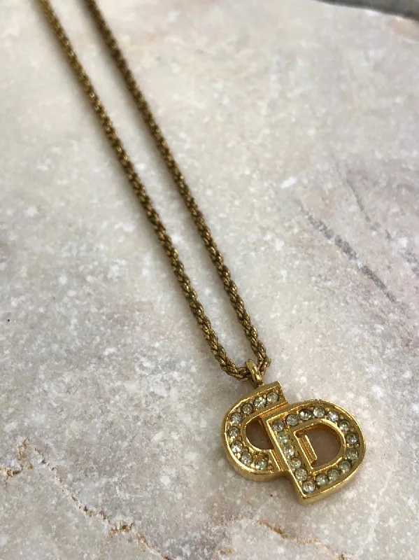 Christian Dior CD Logo Rhinestone Necklace Gold Vintage wzptxx