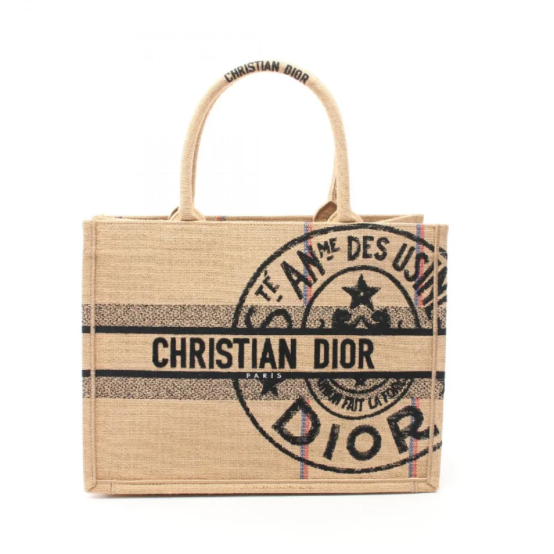 Christian Dior Dior BO TOTE Book Tote Medium Bag Jute Canvas Women's Beige Multicolor