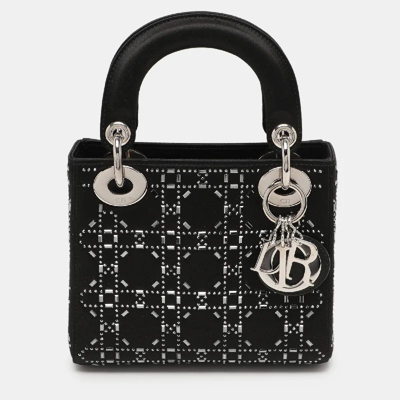 Dior Black Rhinestone Cannage Satin Mini Lady Dior Tote