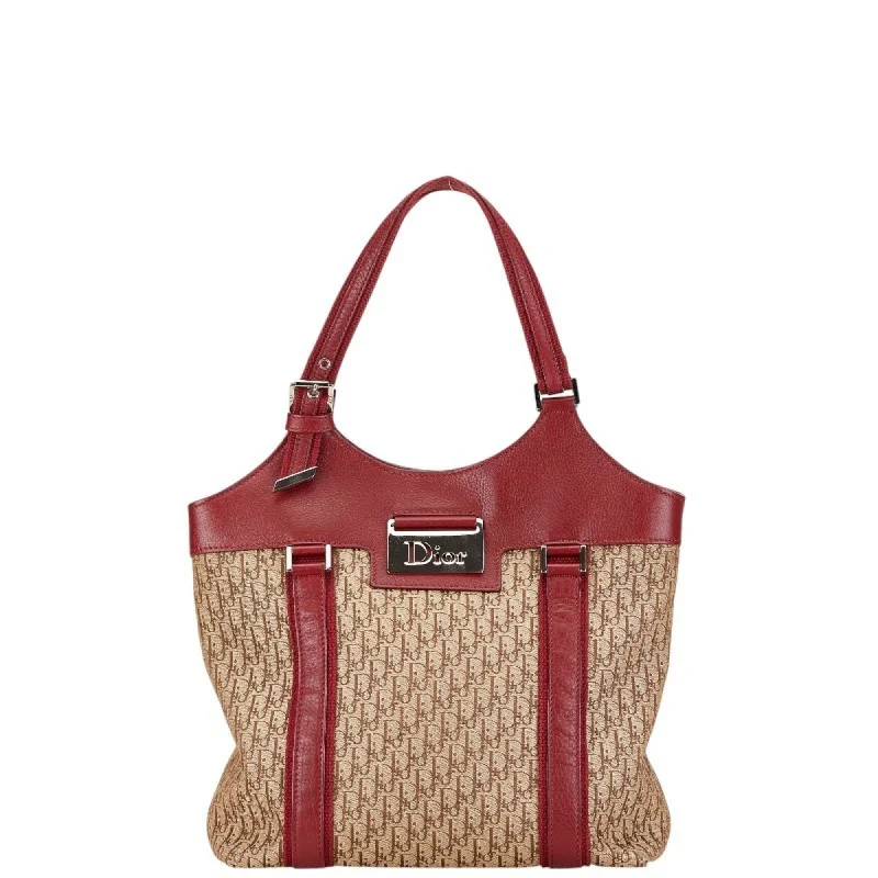 Christian Dior Dior Trotter Street Chic Tote Bag Beige Red Canvas Leather Women's