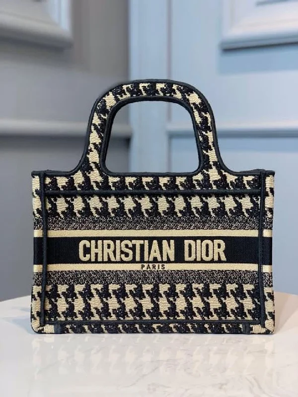 Christian Dior Mini Book Tote Bag Herringbone Embroidered Canvas For Women 22cm/9in