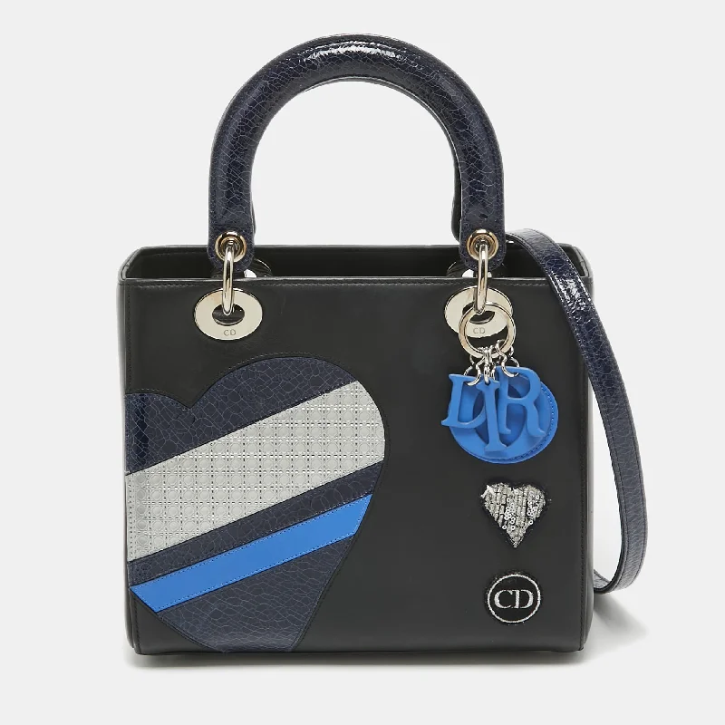 Dior Black/blue Crackled Patent And Leather Medium Patch Embellished  Lady Dior Tote