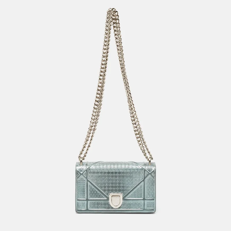 Dior Light Blue Microcannage Patent Leather Mini Diorama Chain Shoulder Bag..