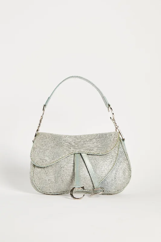 Vintage Christian Dior Green Mock Lizard Double Saddle Shoulder Bag