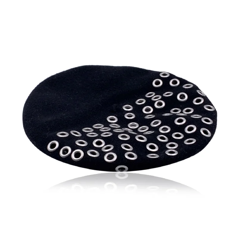 CHRISTIAN DIOR Black Wool Grommets Eyelets French Beret Hat