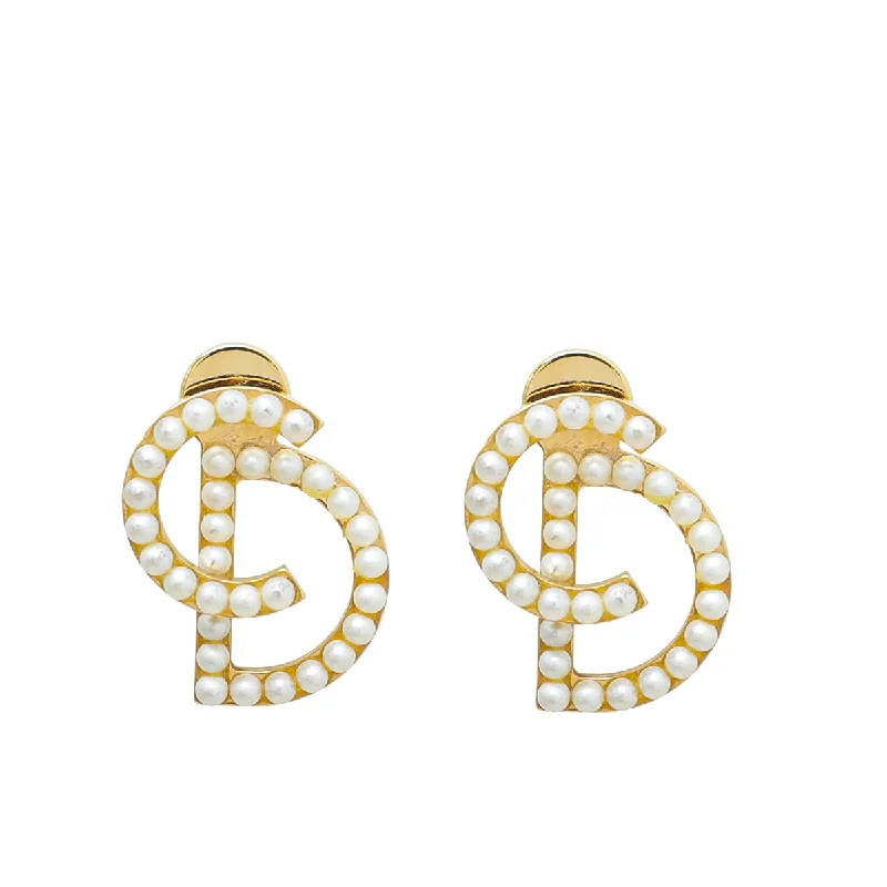 Christian Dior White CD Faux Pearl Studded Earrings