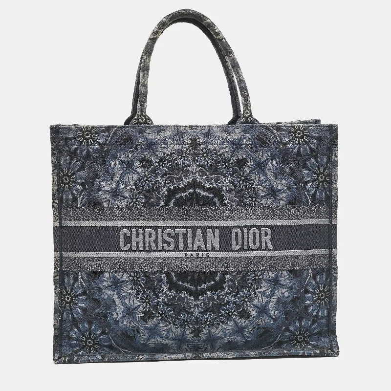 Dior Navy Blue Flower Embroidered Denim Large Book Tote