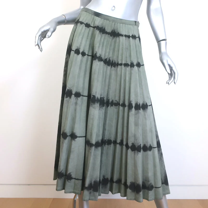 Christian Dior Pleated Tie Dye Denim Midi Skirt Olive Gray Cotton Size 38