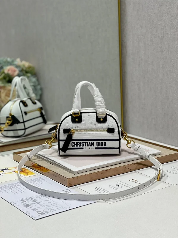 Christian Dior Mini Vibe Zip Bowling Bag, White Handbags