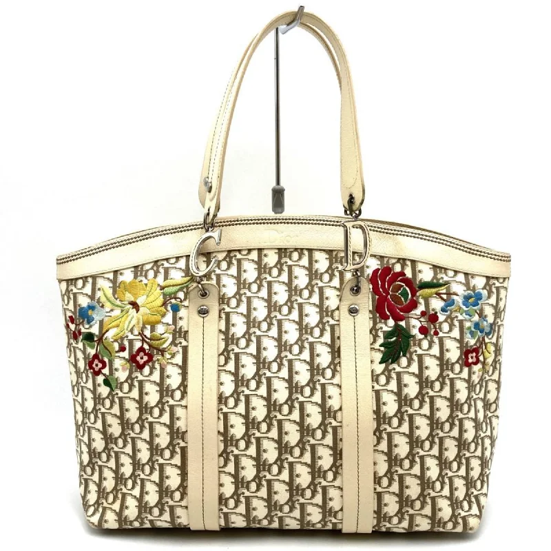 Christian Dior Dior Trotter Embroidered Tote Bag Canvas Leather Ivory Beige White 05-BO-0035 Women's