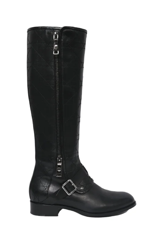 Christian Dior Black Cannage Leather Zip Detailed Boots Size 36