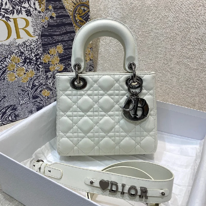 Christian Dior Small Lady Bag Silver Hardware, White,