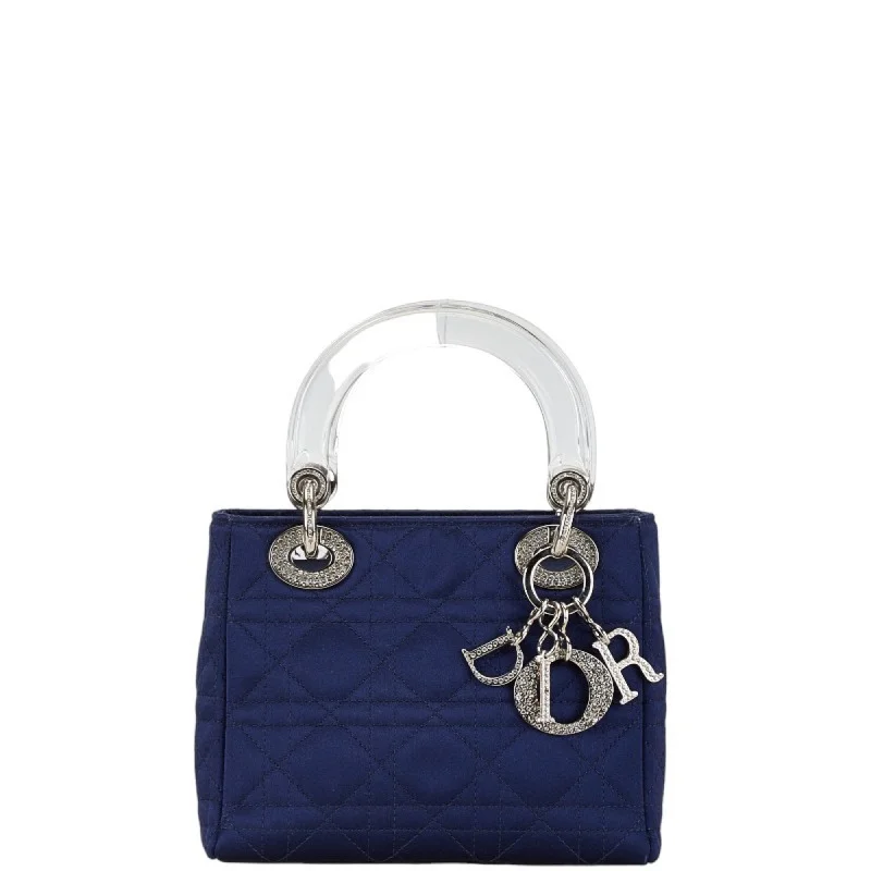 Christian Dior Dior Lady Rhinestone Handbag Navy Satin Plastic Women's