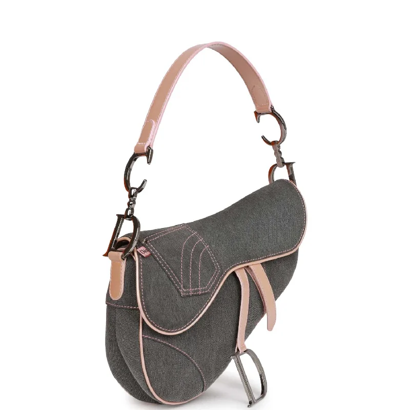 Christian Dior Saddle Bag Grey Denim and Pink Metallic Leather Silver Hardware