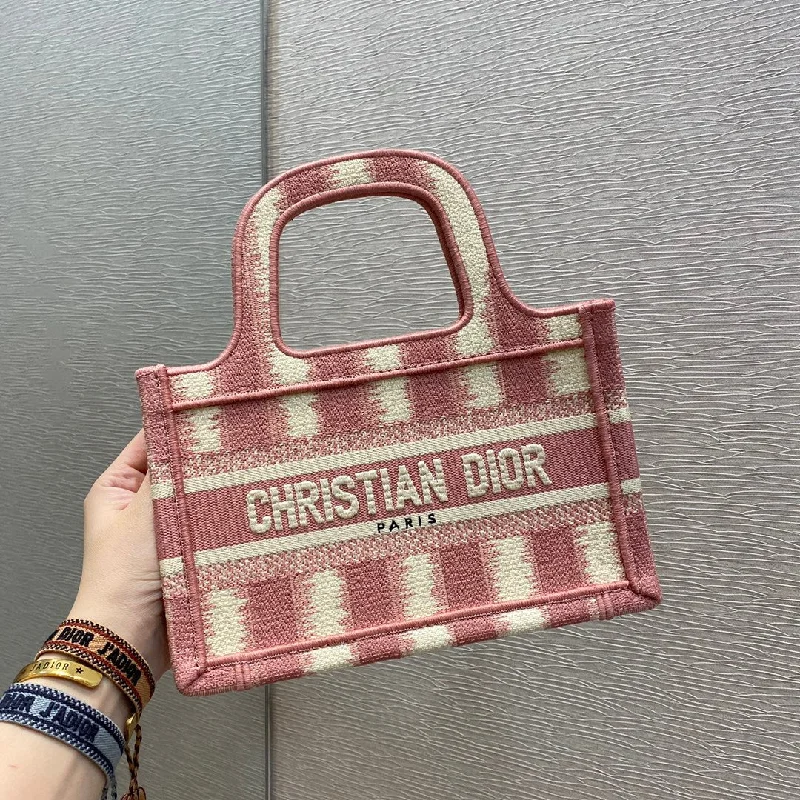 Christian Dior Mini Book Tote Stripes Embroidery, Pink Handbags, 23cm