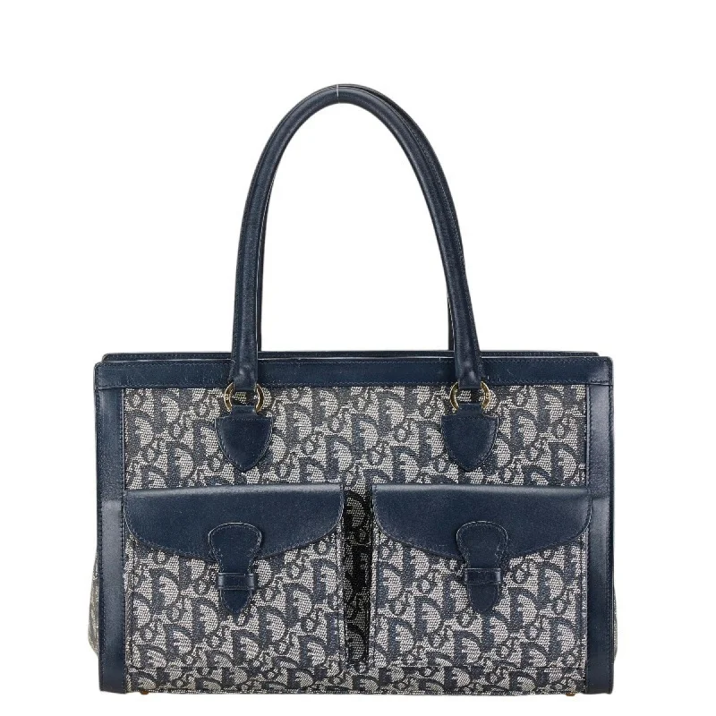 Christian Dior Dior Trotter Handbag Tote Bag Navy Canvas Leather Women's