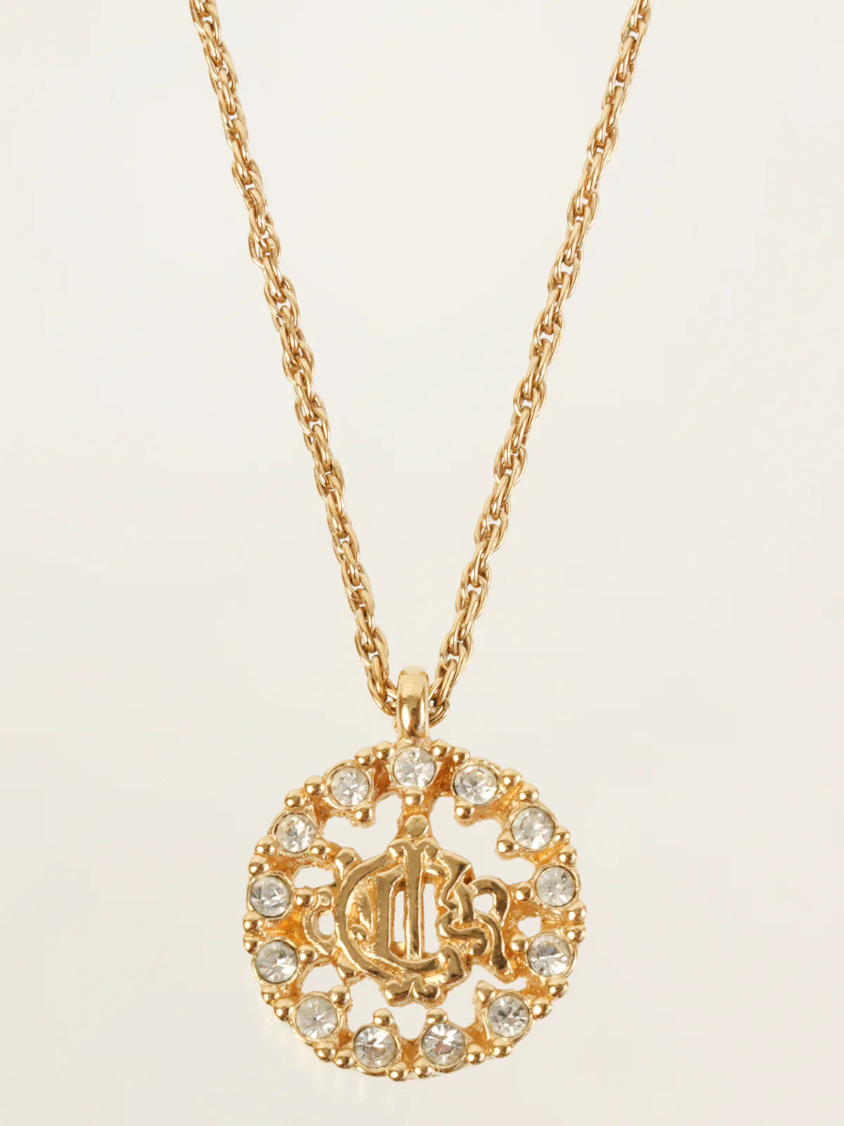 DIOR Rhinestone Round Logo Emblem Necklace Gold