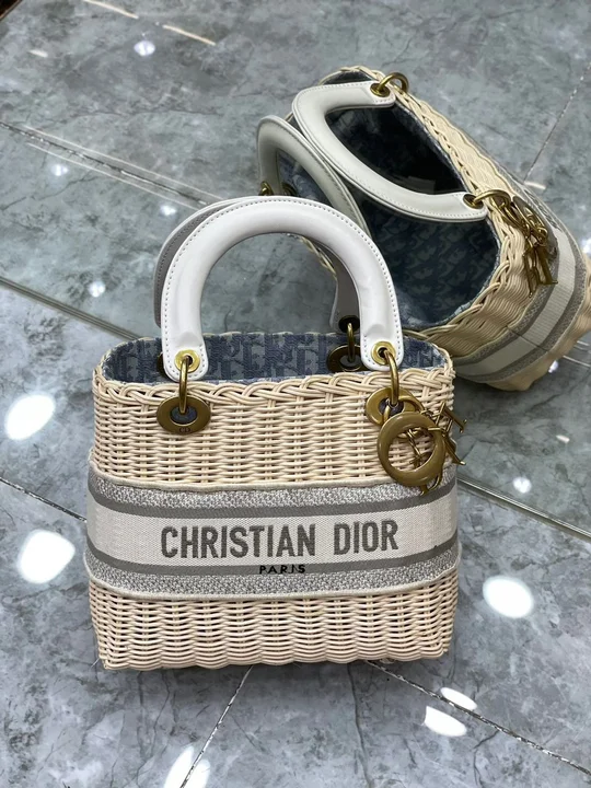 Christian Dior MeChristian Diorum Lady Natural Wicker and Blue Oblique Jacquard Bag, Blue, For Women  Handbags, 24cm  M0565CMVO_M808