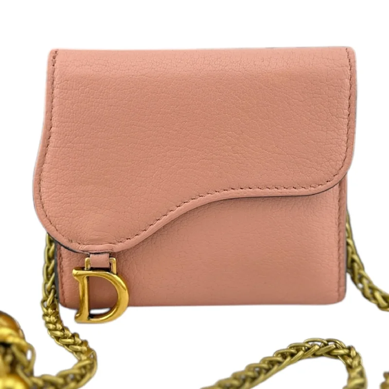 DIOR Pink Leather Compact Saddle Wallet with Added Adjustable Chain