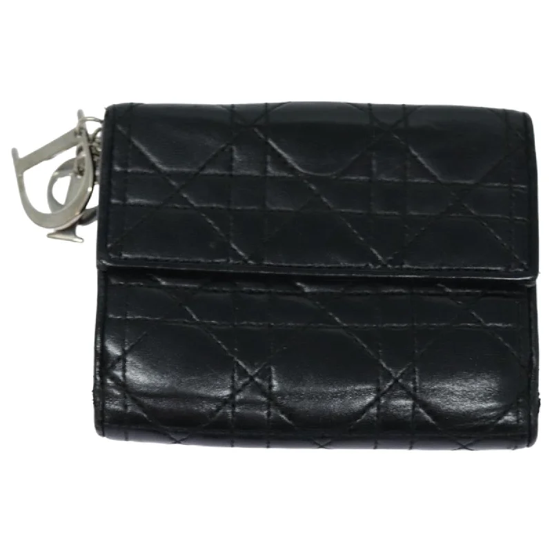 CHRISTIAN DIOR Lady Dior Canage Wallet Lamb Skin Black Auth hk1418