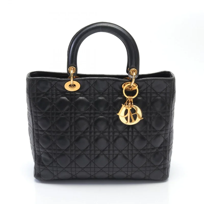 Christian Dior Lady Cannage Large Handbag Bag Leather Women's Black