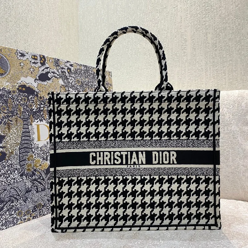 Christian Dior Large Book Tote Black Houndstooth Embroidery, Black/White Handbags